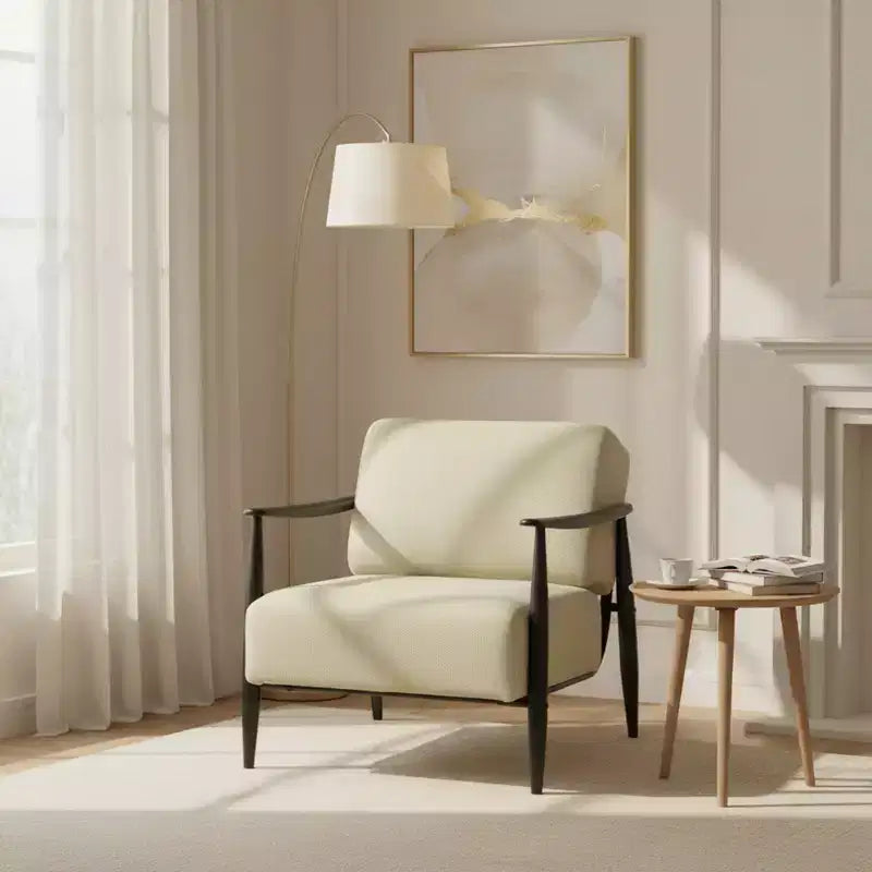 FurnitureR Mid-Century Modern Accent Chair Beige Upholstered Armchair with Solid Brown Frame Comfy Reading Chair for Living Room Bedroom Office