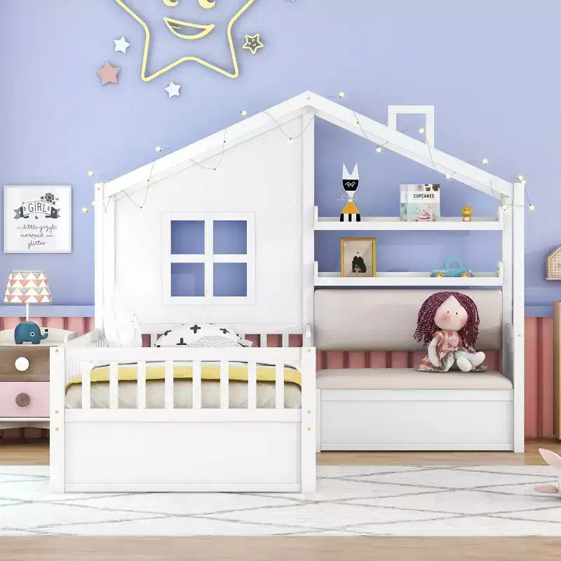 Bellemave Twin Size House Bed with Sofa Kids Platform Bed with Two Drawers and Storage Shelf White