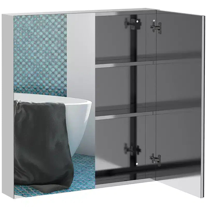 Bathroom Mirrored Cabinet 24x26 Stainless Steel Frame Medicine Cabinet Wall-Mounted Storage Organizer with Double Doors