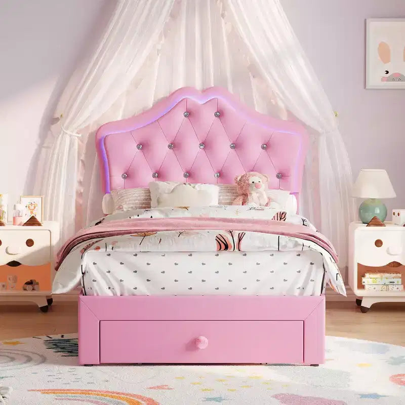 Cadre de lit avec tête de lit capitonnée en velours et boutons de cristal