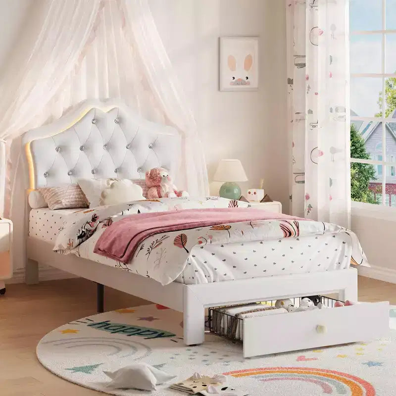 Cadre de lit avec tête de lit capitonnée en velours et boutons de cristal
