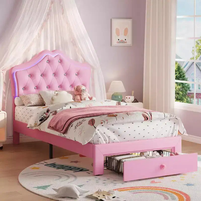 Cadre de lit avec tête de lit capitonnée en velours et boutons de cristal