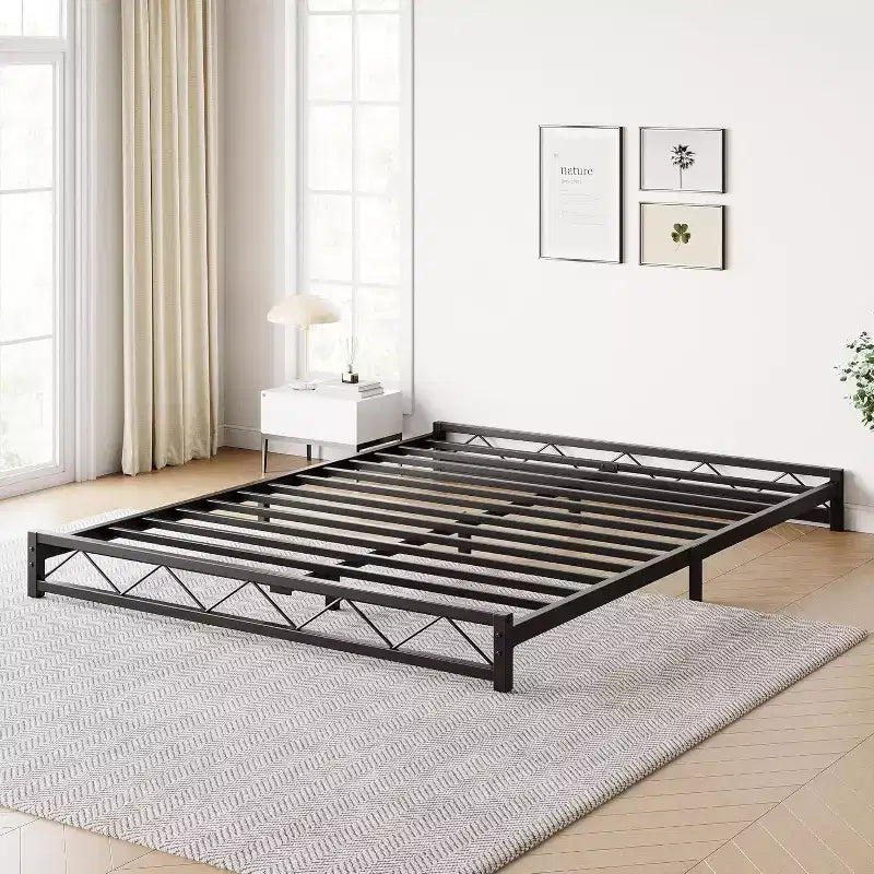 Wave Design Metal Platform Bed Frame with Steel Slats Low Profile Foundation No Box Spring Needed Easy Assembly for Small Space Bedroom