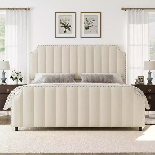 California King Velvet Bed Frame with 50.2 Vertical Channel Tufted Headboard & Footboard Nailhead Trim Upholstered Platform Bed