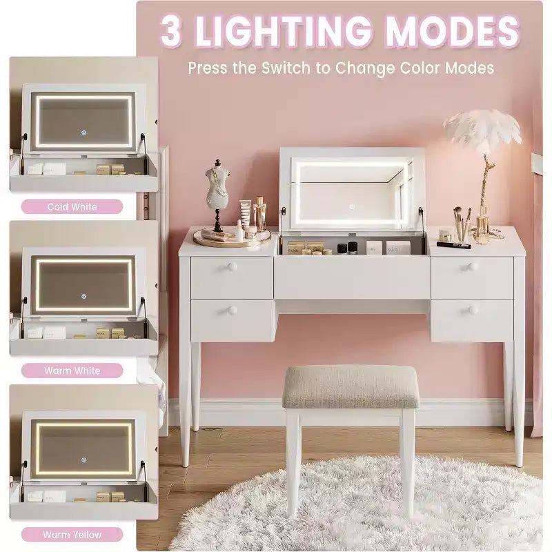 Une coiffeuse avec lumières et tabouret