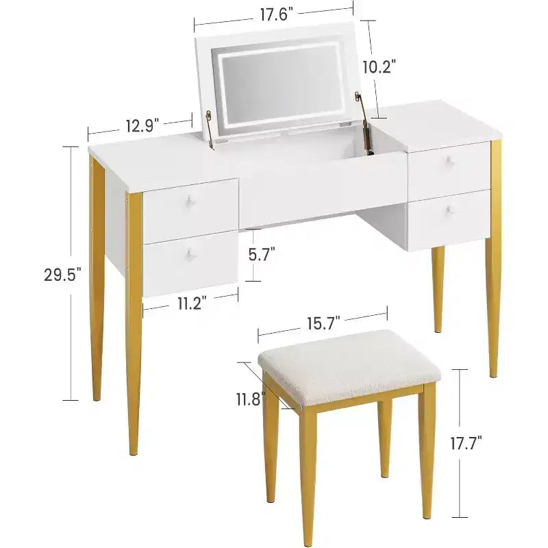 Une coiffeuse avec lumières et tabouret