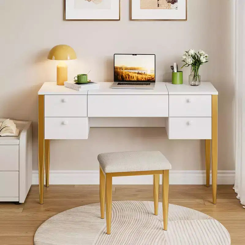 Une coiffeuse avec lumières et tabouret