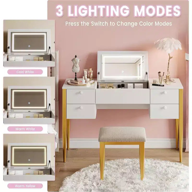 Une coiffeuse avec lumières et tabouret