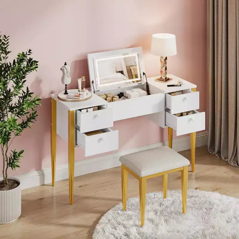 Une coiffeuse avec lumières et tabouret