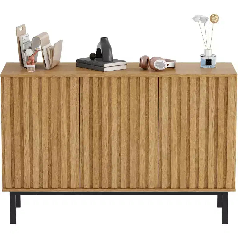Sideboard Buffet Cabinet with Fluted Doors Modern Wood Storage Cabinet with Adjustable Shelf Freestanding Coffee Bar for Dining Room Living Room