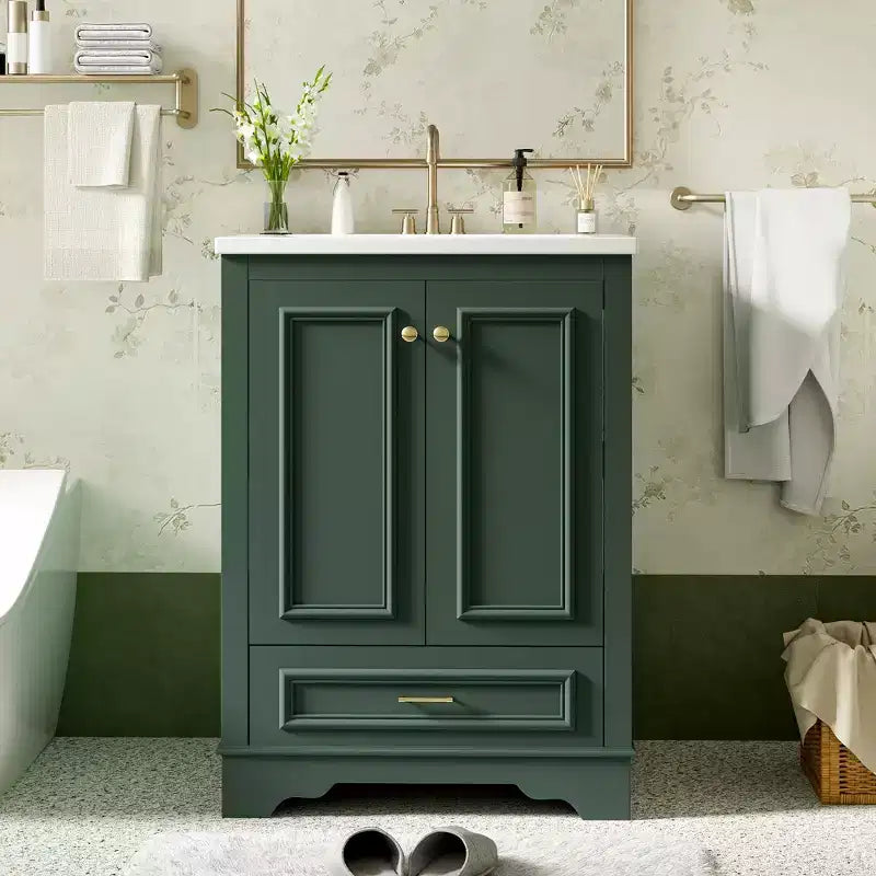 JVNOXK 24'' Bathroom Vanity with Ceramic Sink Combo Modern Freestanding Storage Cabinet with Silver Handles Soft Closing Doors-Green