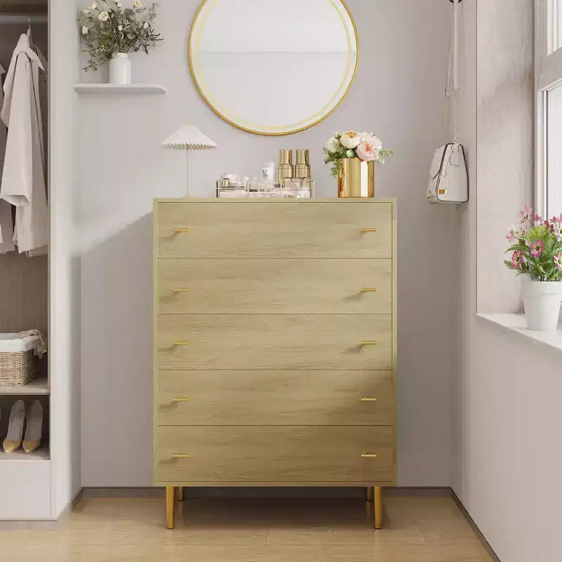 5 Drawer Dresser for Bedroom 43''H Chest of Drawers with Bar Handles Storage Dresser Organizer Dresser Narrow Nightstand for Bedroom