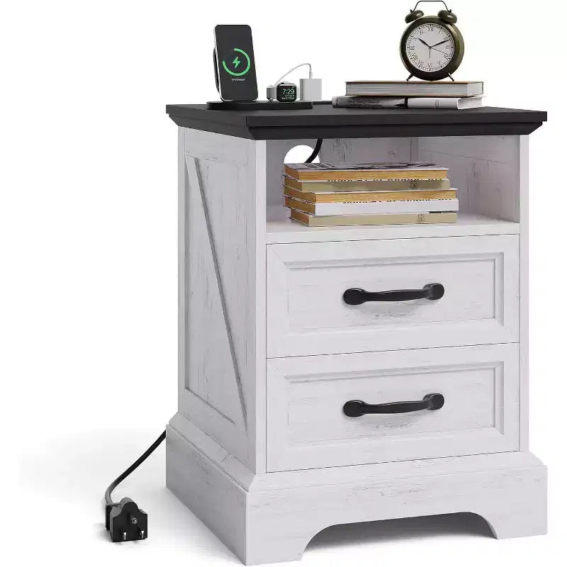 Acekool Farmhouse Rustic Nightstand with Charging Station Modern Wood Bedside Table with 2 Drawers & Open Shelf White Accent End Table
